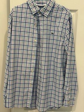 Vineyard Vines White Plaid Button-Down Shirt with Blue & Green Stripes